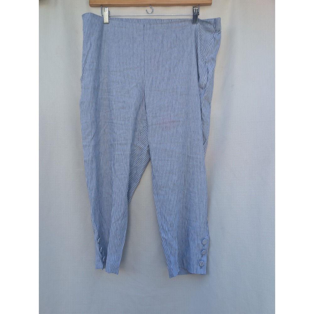 J Jill Linen Stretch Pants XL Petite Blue White Pinstripe Crop Button Hem 187412